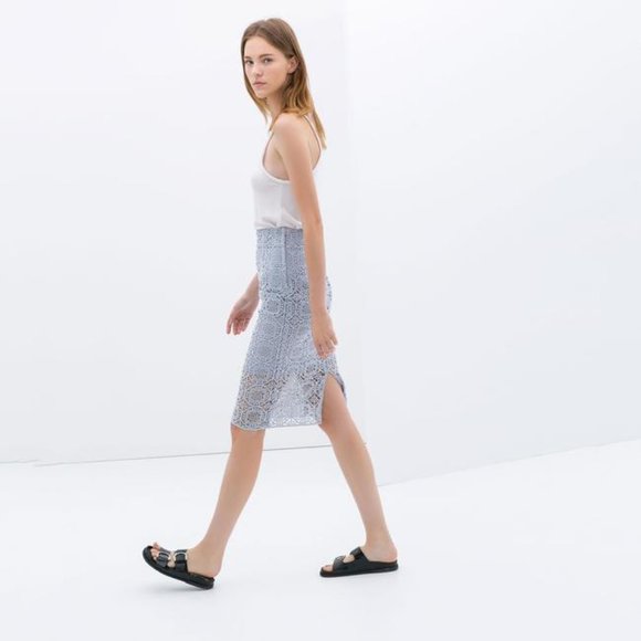 Zara Women High Waist Midi Length Skirt Blue Cotton Lace Pencil Skirt, Small - Picture 11 of 13